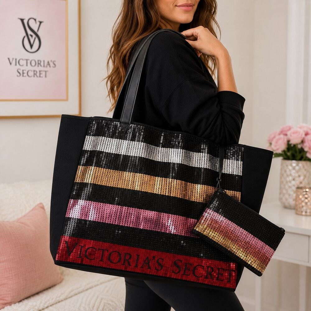 Victoria’s Secret Sequin Tote Bag & Matching Wristlet 2-Piece Set NWT
